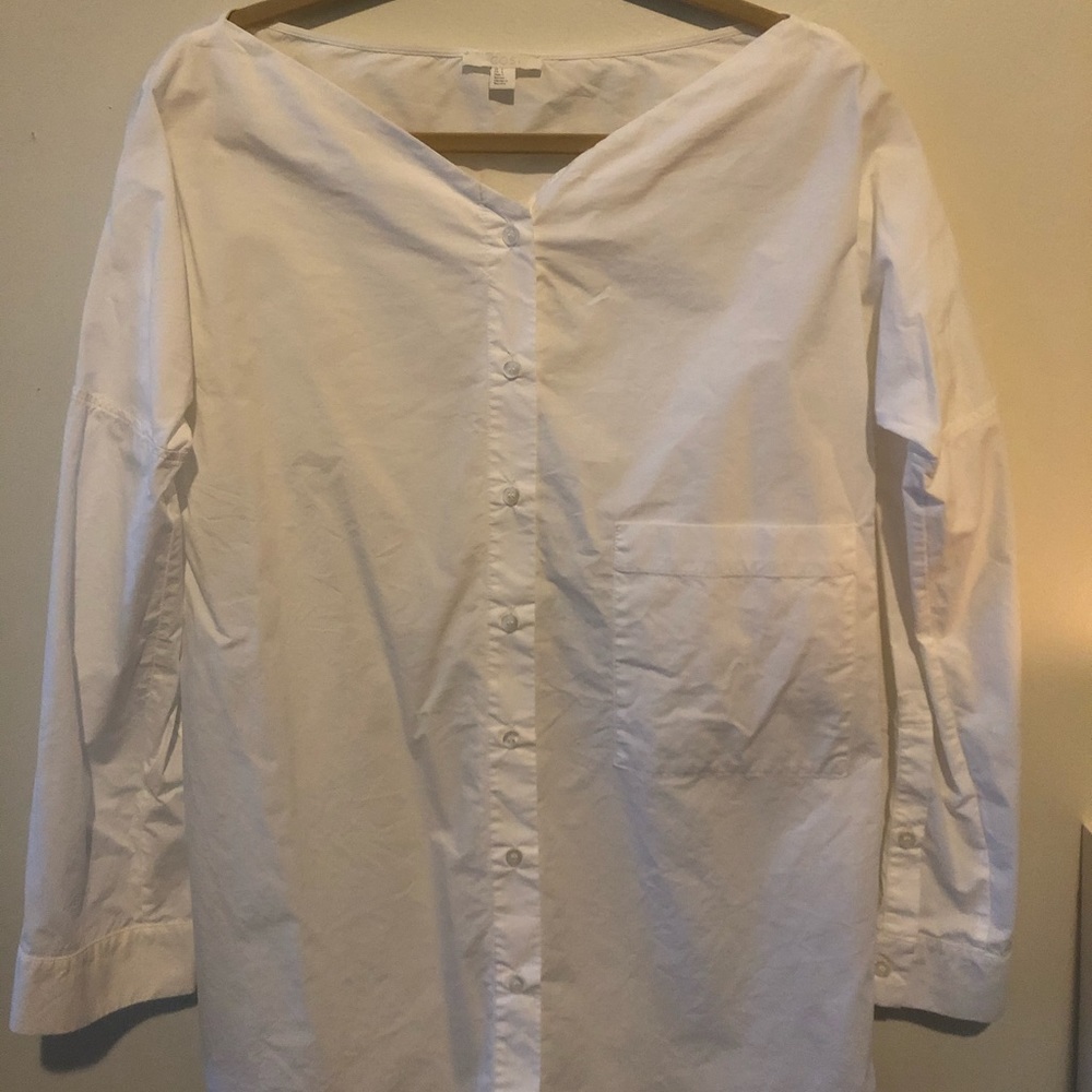 White COS boatneck button down shirt